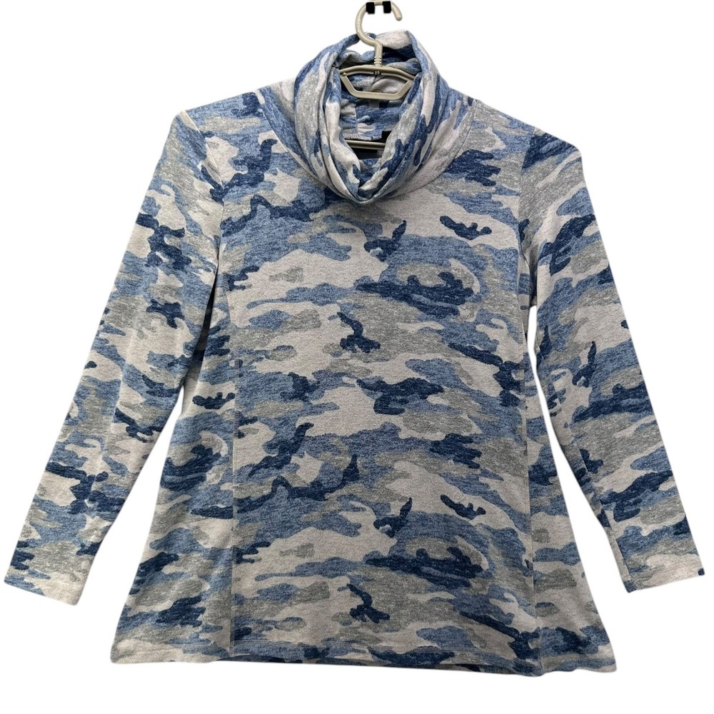 Susan Graver Camo Cowl Tunic‎ Top Blue Medium